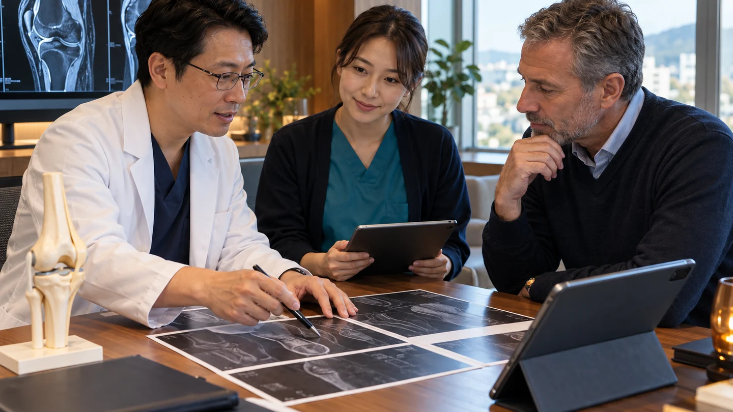 An older patient discussing knee imaging with a doctor and care coordinator