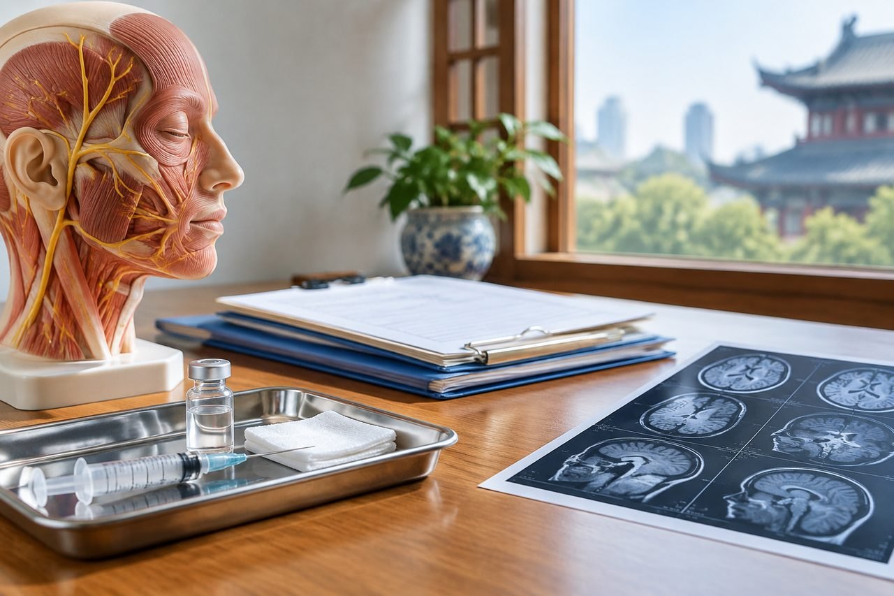 Illustrative image: A medical consultation setting featuring an anatomical model, medical supplies, and MRI scans.