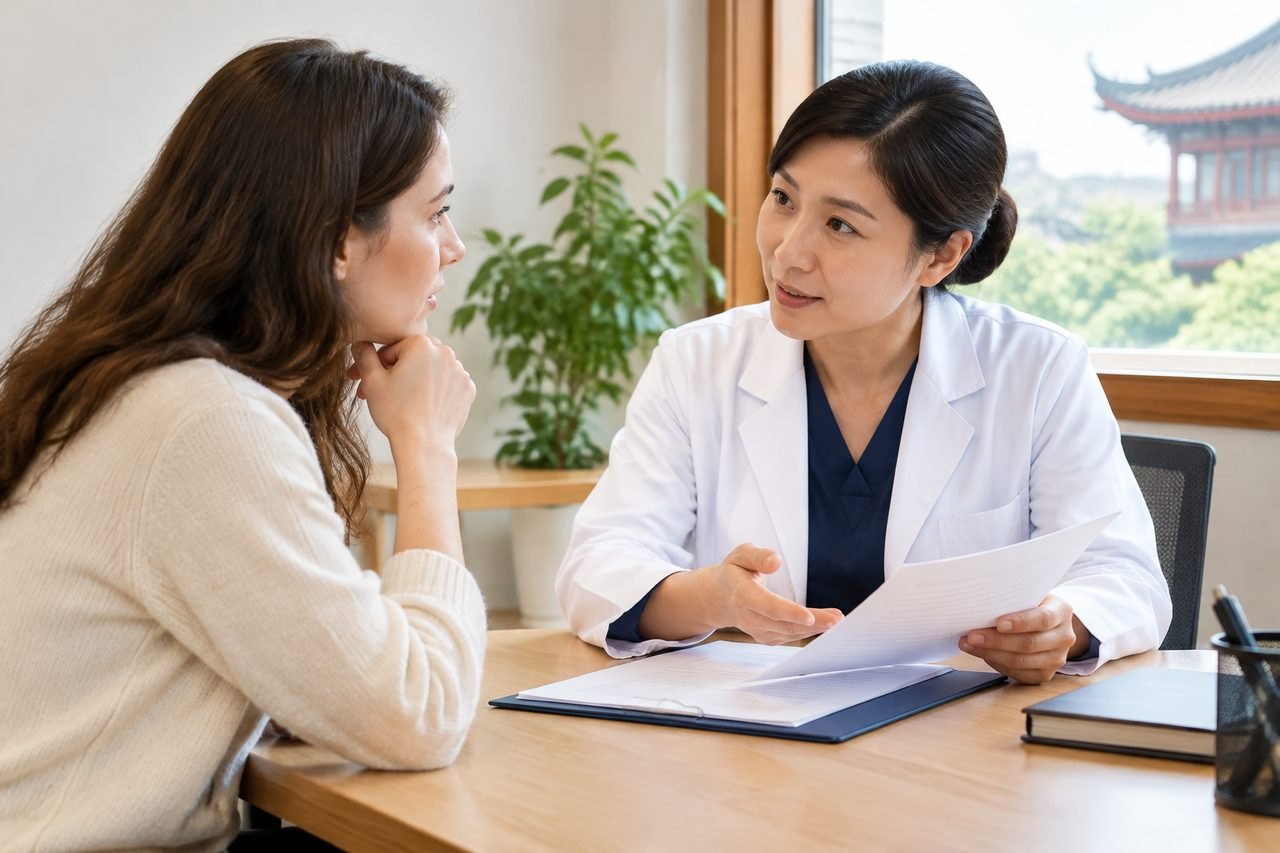 AI illustration: A doctor discusses medical information with a patient in a consultation room.