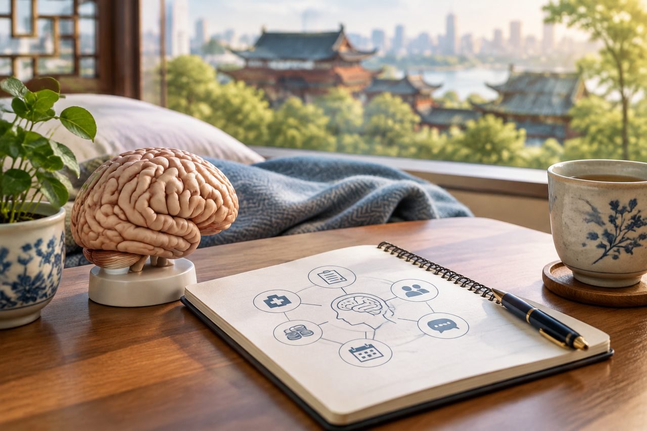 Illustrative image: A brain model and a notebook with health-related icons are displayed on a wooden table with a scenic view in the background.