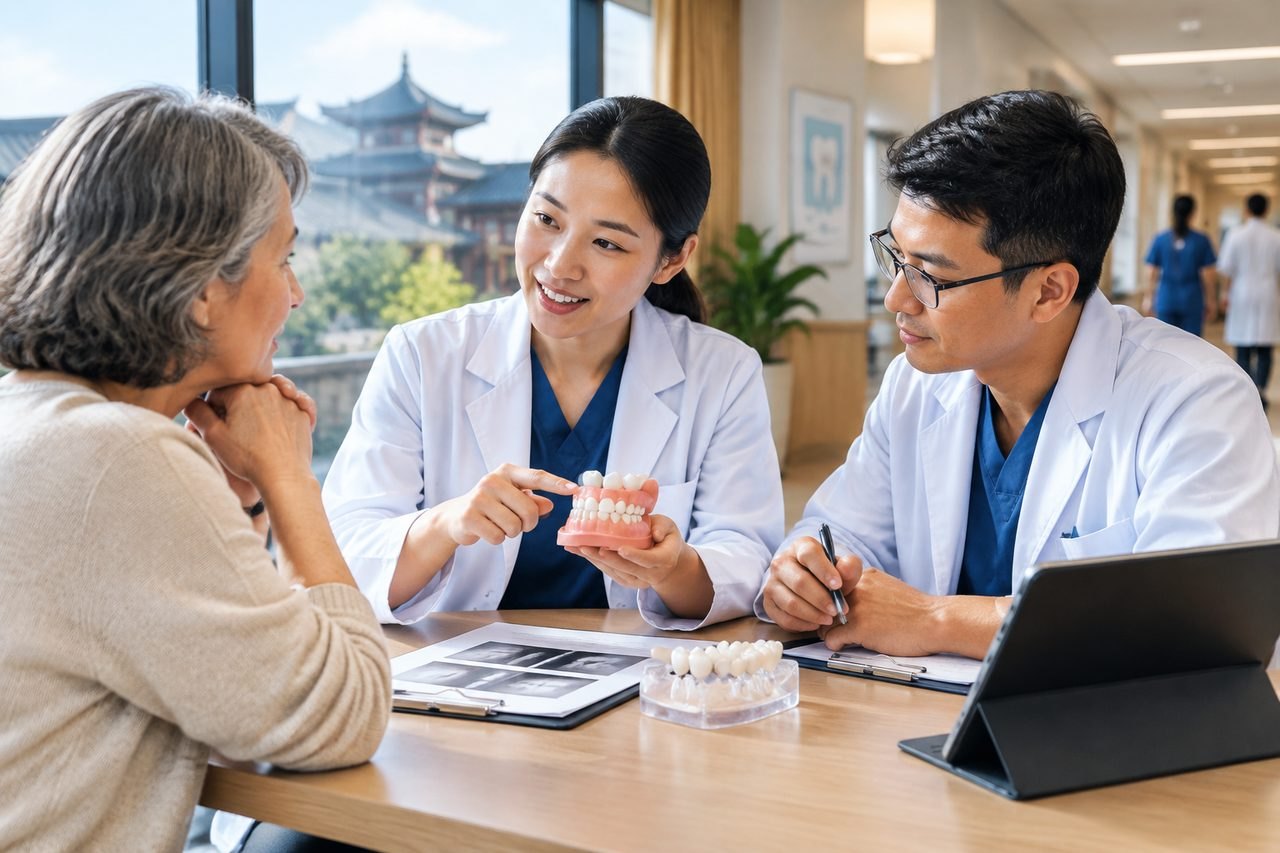 Illustrative image: A dental consultation taking place between a patient and two dental professionals using a dental model.