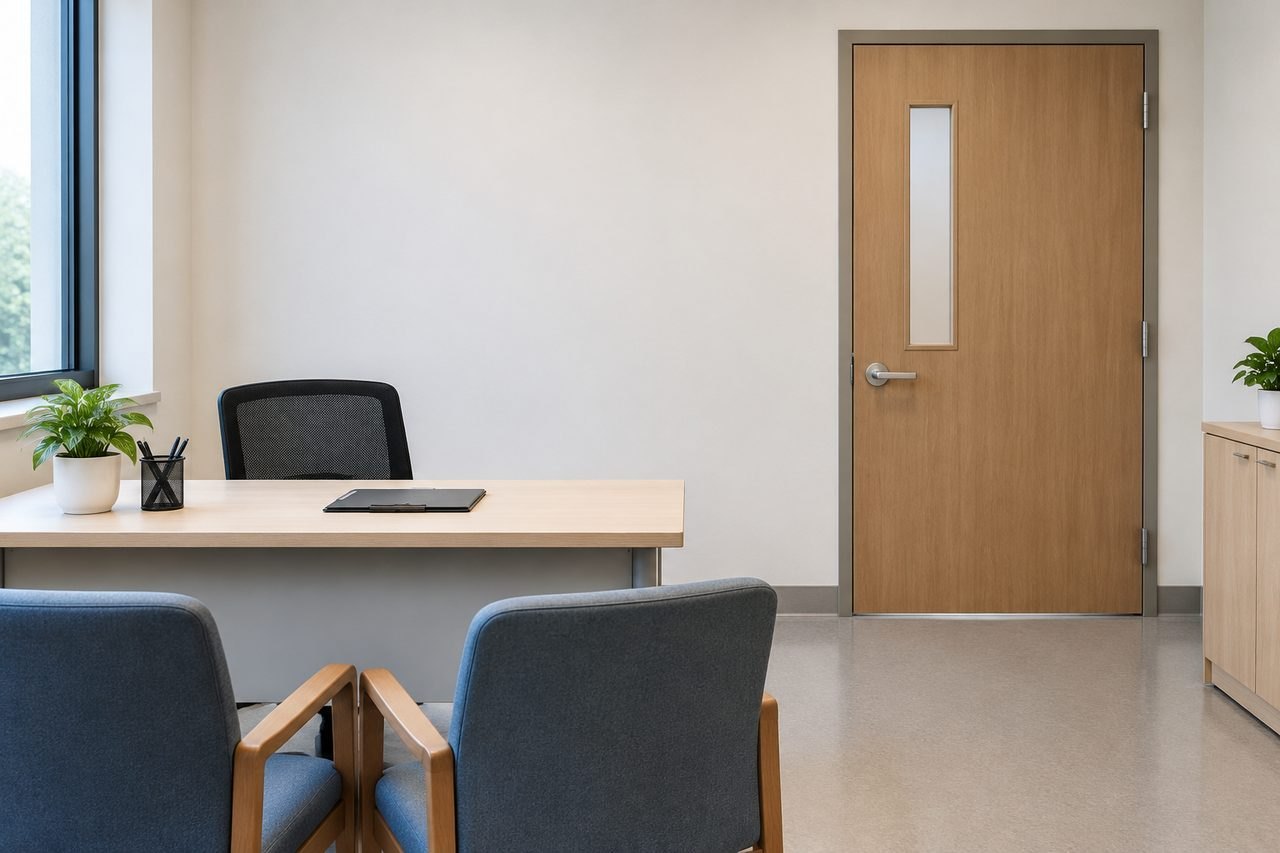AI illustration: A modern consultation room featuring a desk, chairs, and a door.