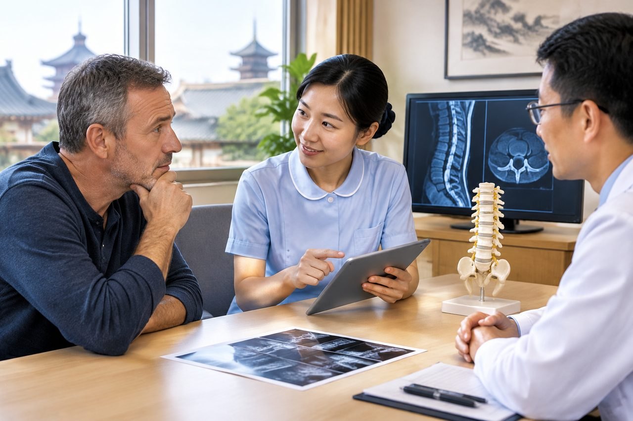 Illustrative image: A medical consultation taking place with a patient and two healthcare professionals discussing medical images and a spine model.