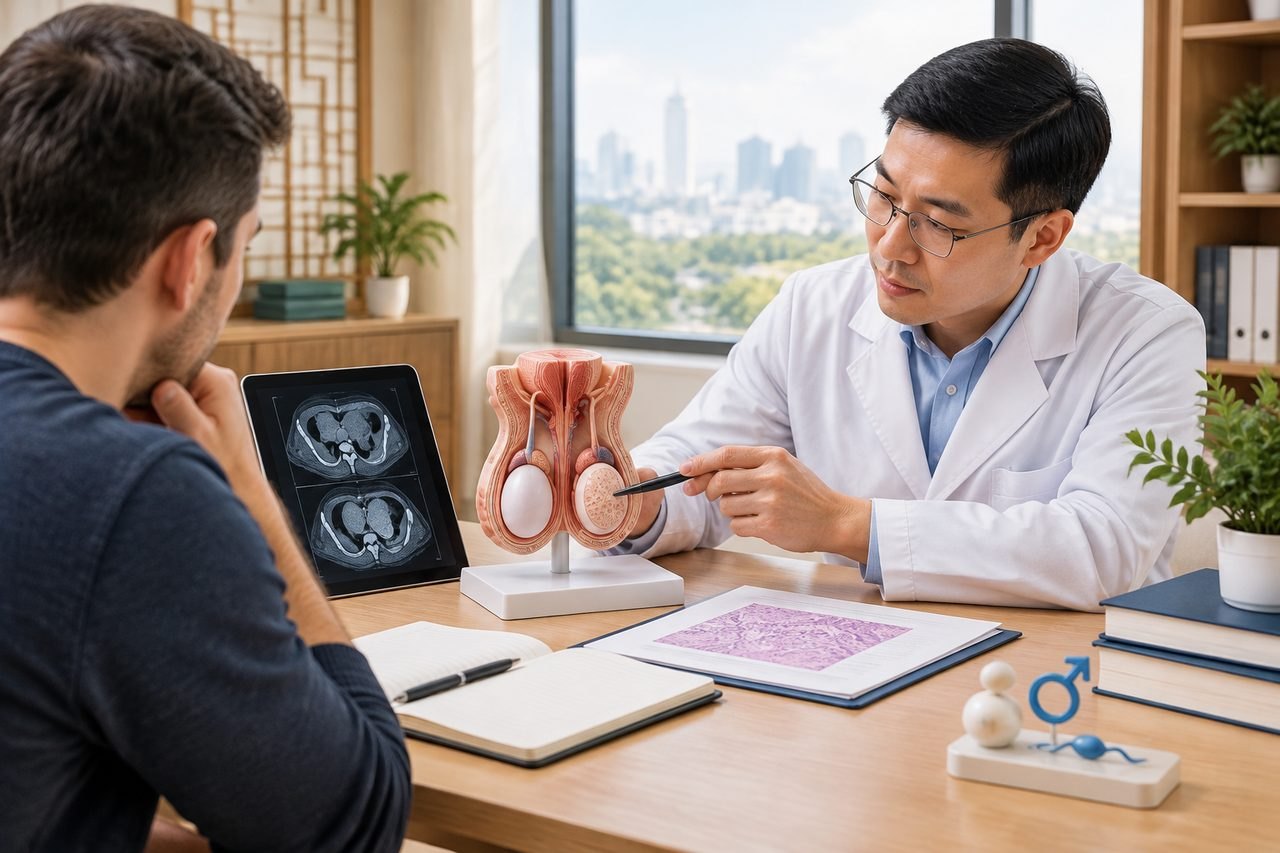 Illustrative image: A doctor discusses medical information with a patient using anatomical models and imaging on a tablet.