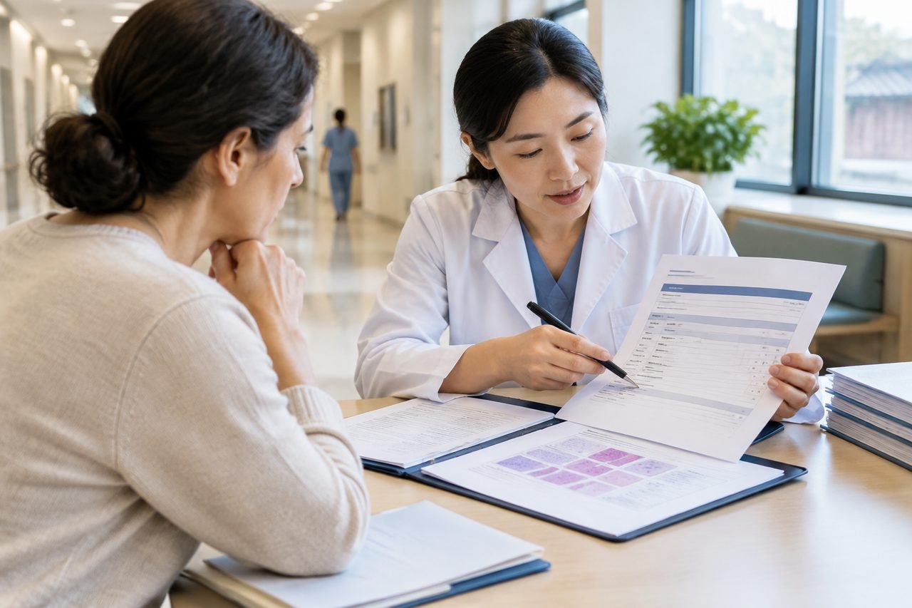 AI illustration: A doctor discusses medical information with a patient in a hospital setting.