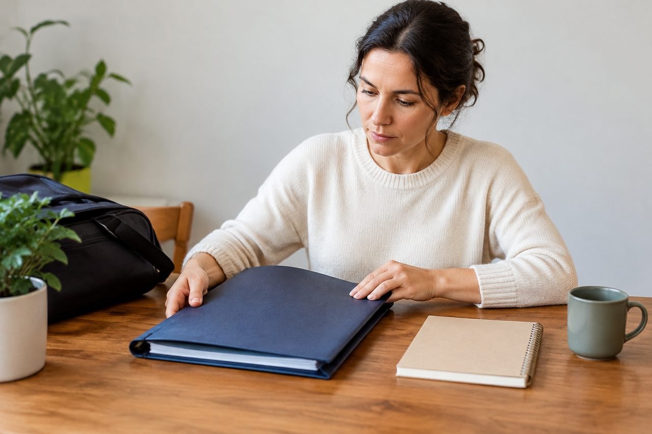 AI illustration: A woman is organizing documents at a wooden table with a notebook and a cup of coffee nearby.