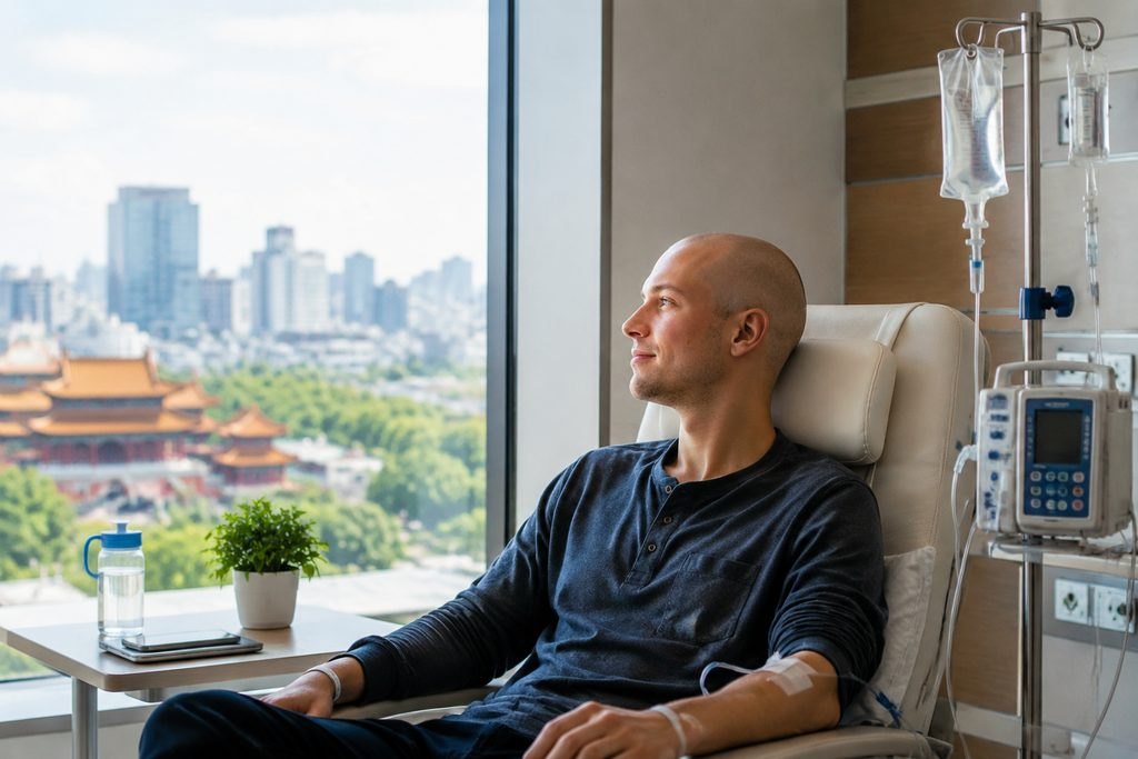 Illustrative image: A patient receiving treatment in a hospital room with a view of the city skyline.