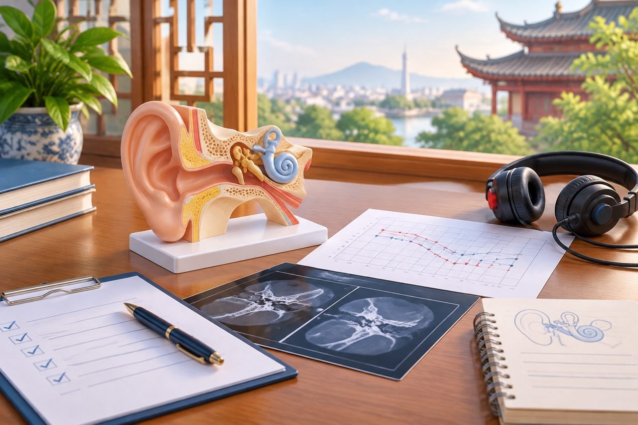 Illustrative image: A detailed anatomical model of the ear is displayed on a desk alongside medical charts and headphones.