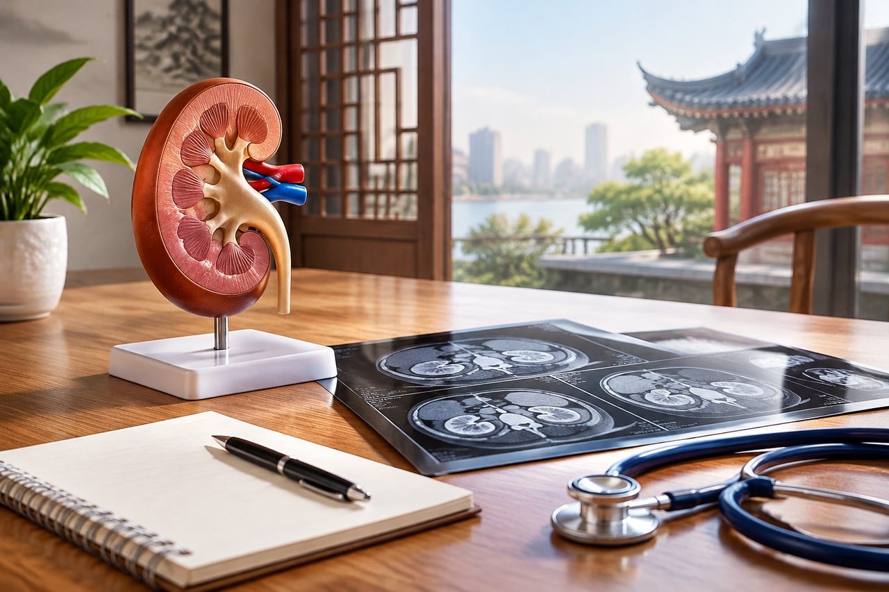 Illustrative image: A kidney anatomical model is displayed on a table alongside medical imaging and a stethoscope in a well-lit room with a view.