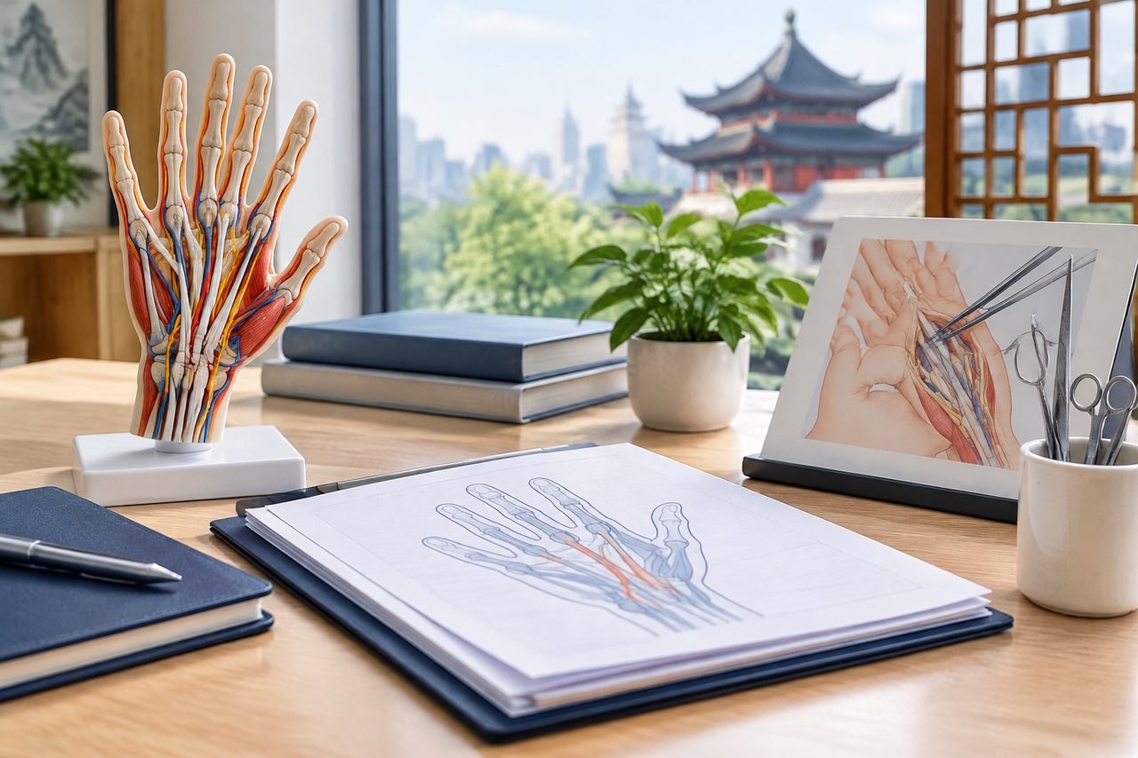 Illustrative image: A detailed anatomical model of a hand is displayed alongside sketches and illustrations in a well-lit workspace.