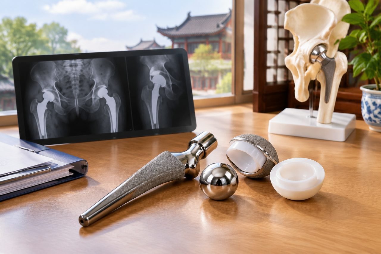 Illustrative image: A collection of hip joint replacement components displayed alongside X-ray images and an anatomical model.