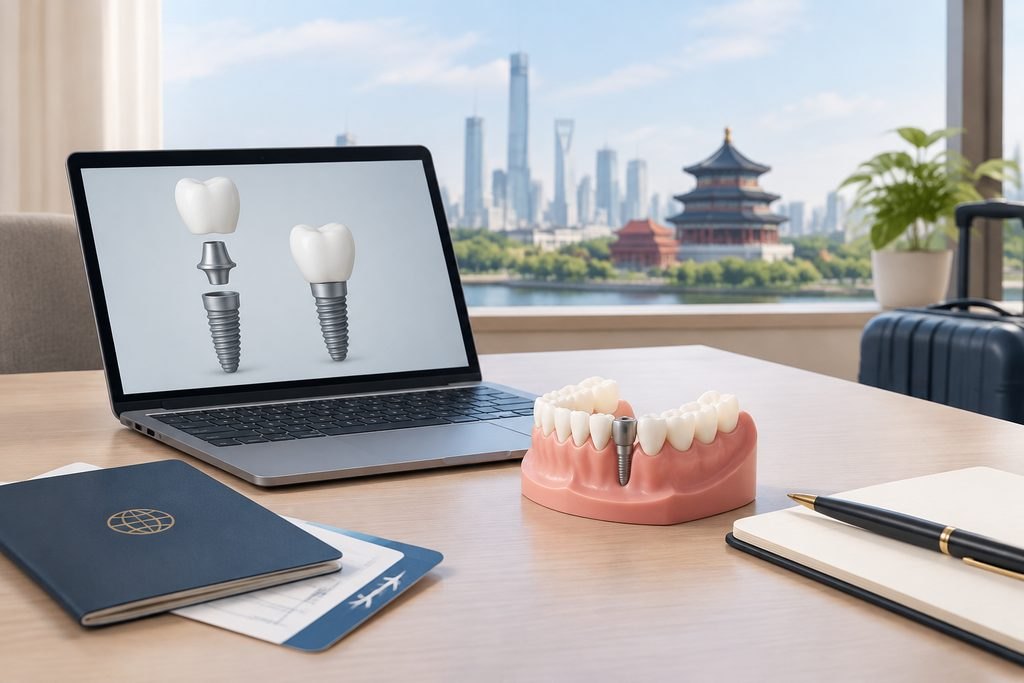 AI illustration: Dental model and implant illustrations beside travel documents