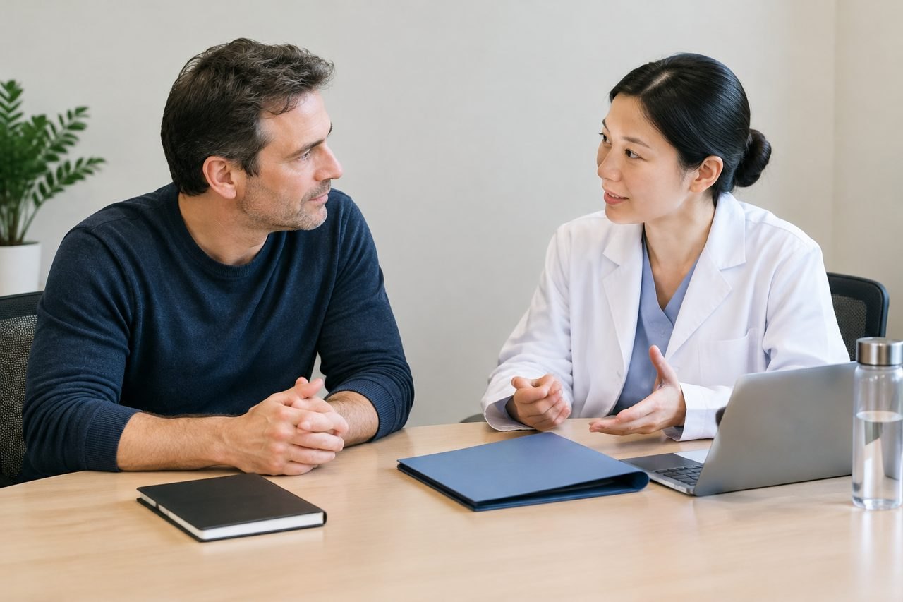 AI illustration: A doctor discusses with a patient in a consultation setting.