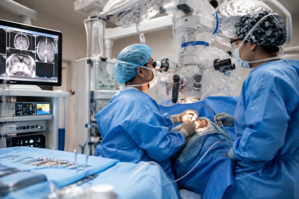 Illustrative image: Surgeons performing a procedure in an operating room with advanced medical equipment and imaging.