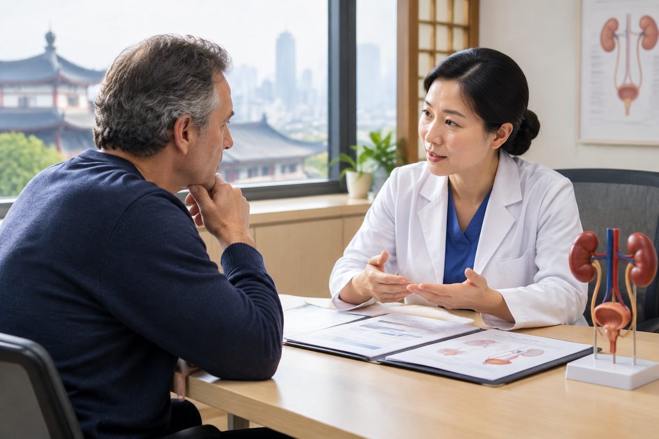 Illustrative image: A doctor discusses medical information with a patient in a consultation room.