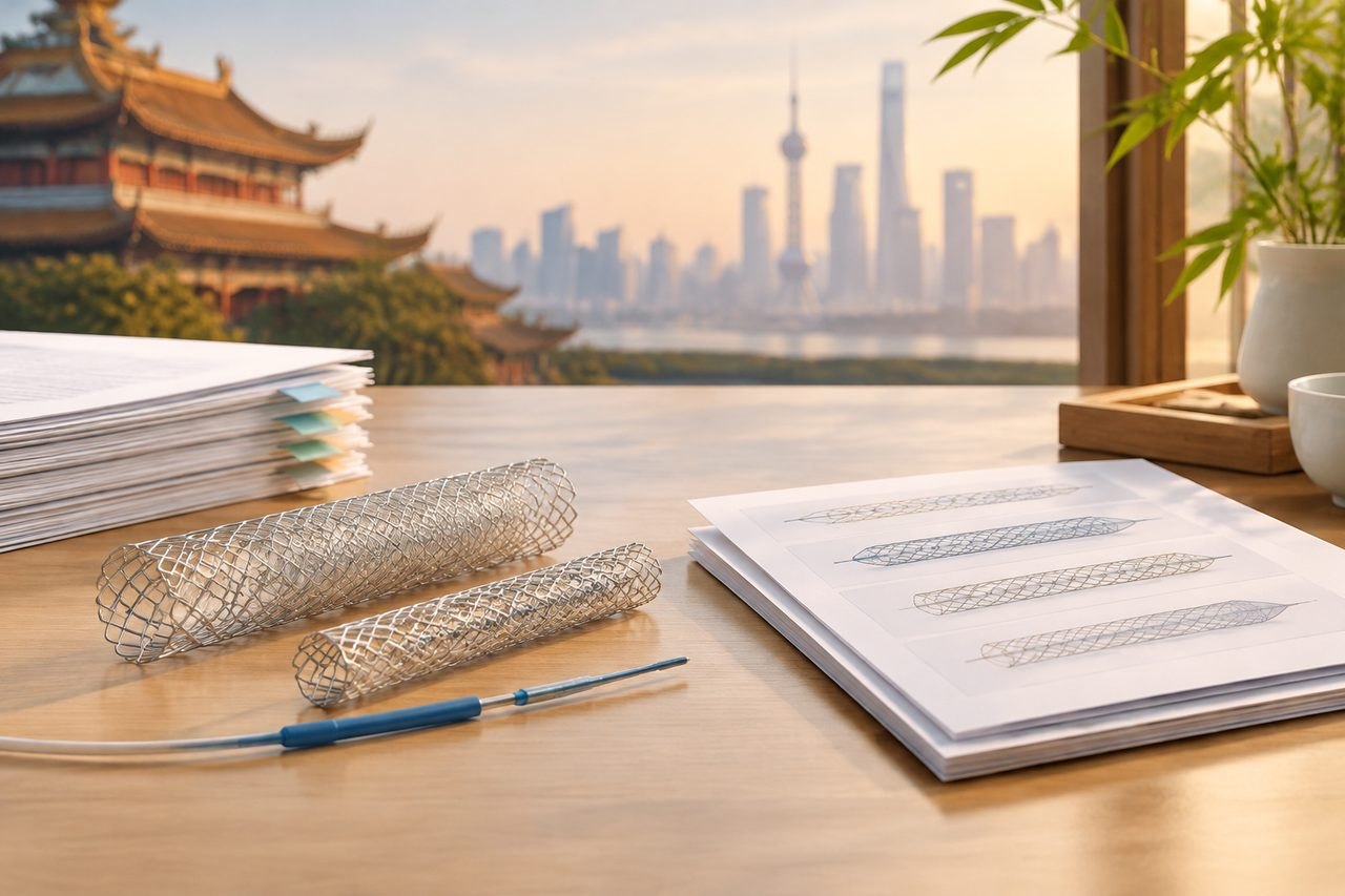 Illustrative image: A workspace featuring medical devices and design sketches with a city skyline in the background.
