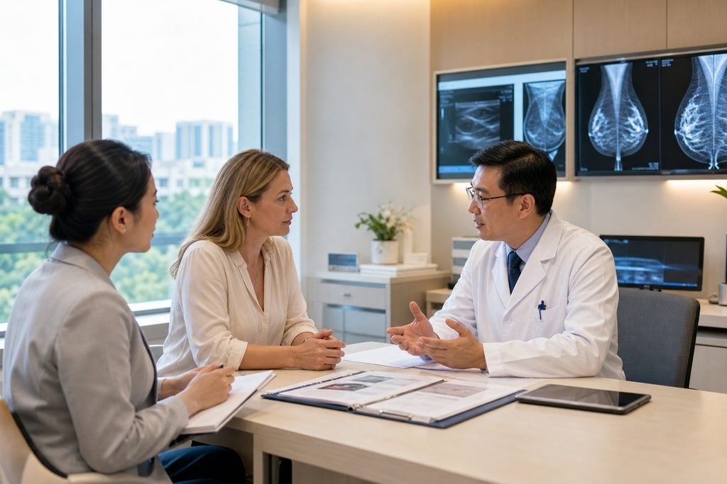 Illustrative image: A doctor discusses medical information with two patients in a consultation room.
