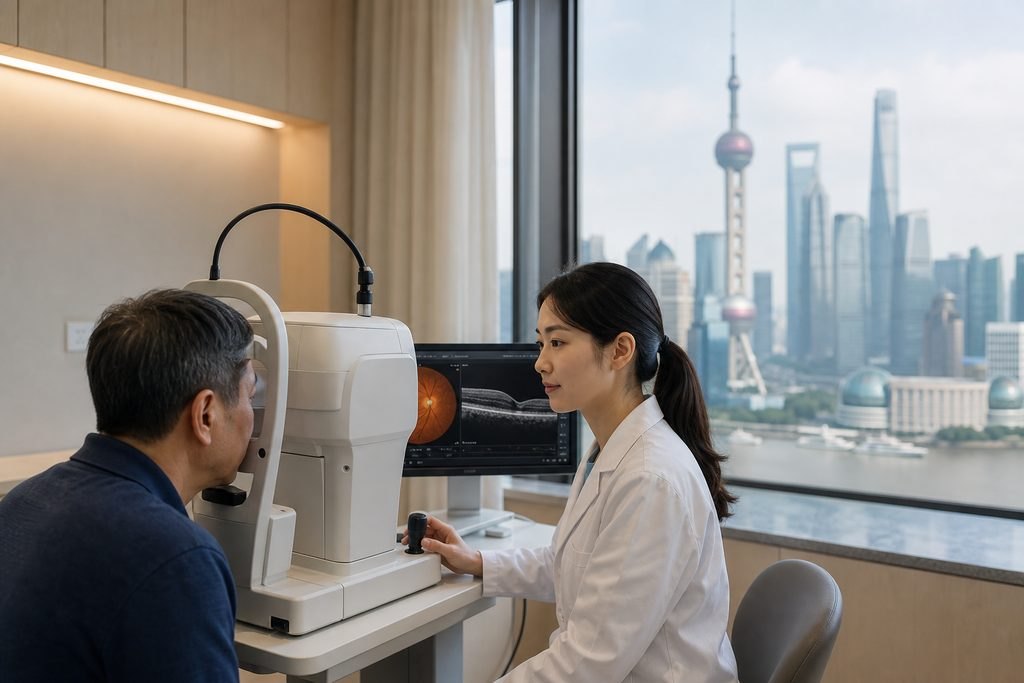 Illustrative image: A patient undergoing an eye examination with a medical professional using an imaging device in a modern clinic with a city skyline view.