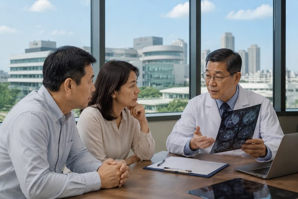 Illustrative image: A doctor discusses medical imaging with a couple in a consultation room with a city skyline view.