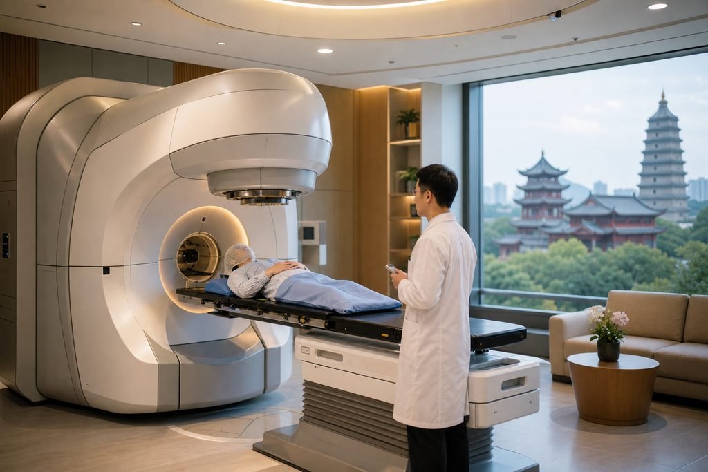 Illustrative image: A patient undergoing treatment in a modern medical facility with advanced equipment and a view of traditional architecture outside.