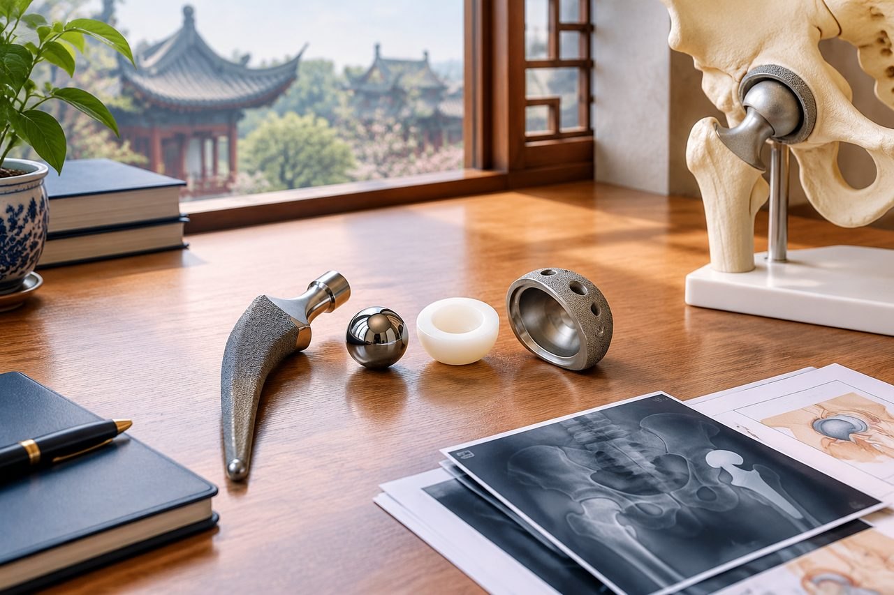 Illustrative image: A medical consultation setting featuring orthopedic implants and anatomical models on a desk with a view of a garden.