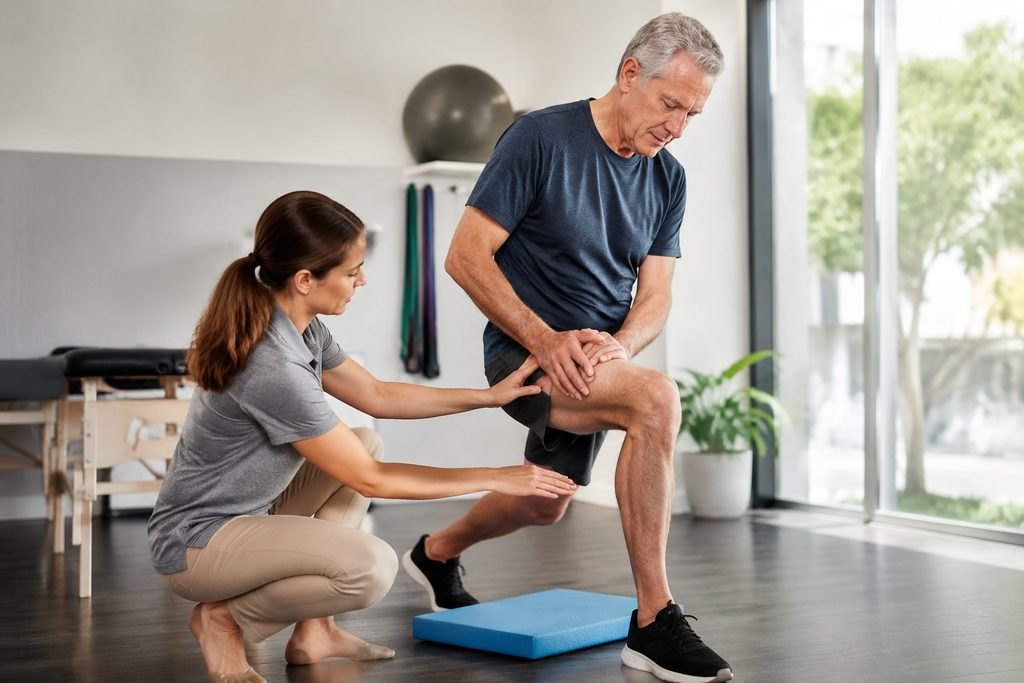 Illustrative image: A physical therapist assists an elderly man with a knee exercise in a rehabilitation room.