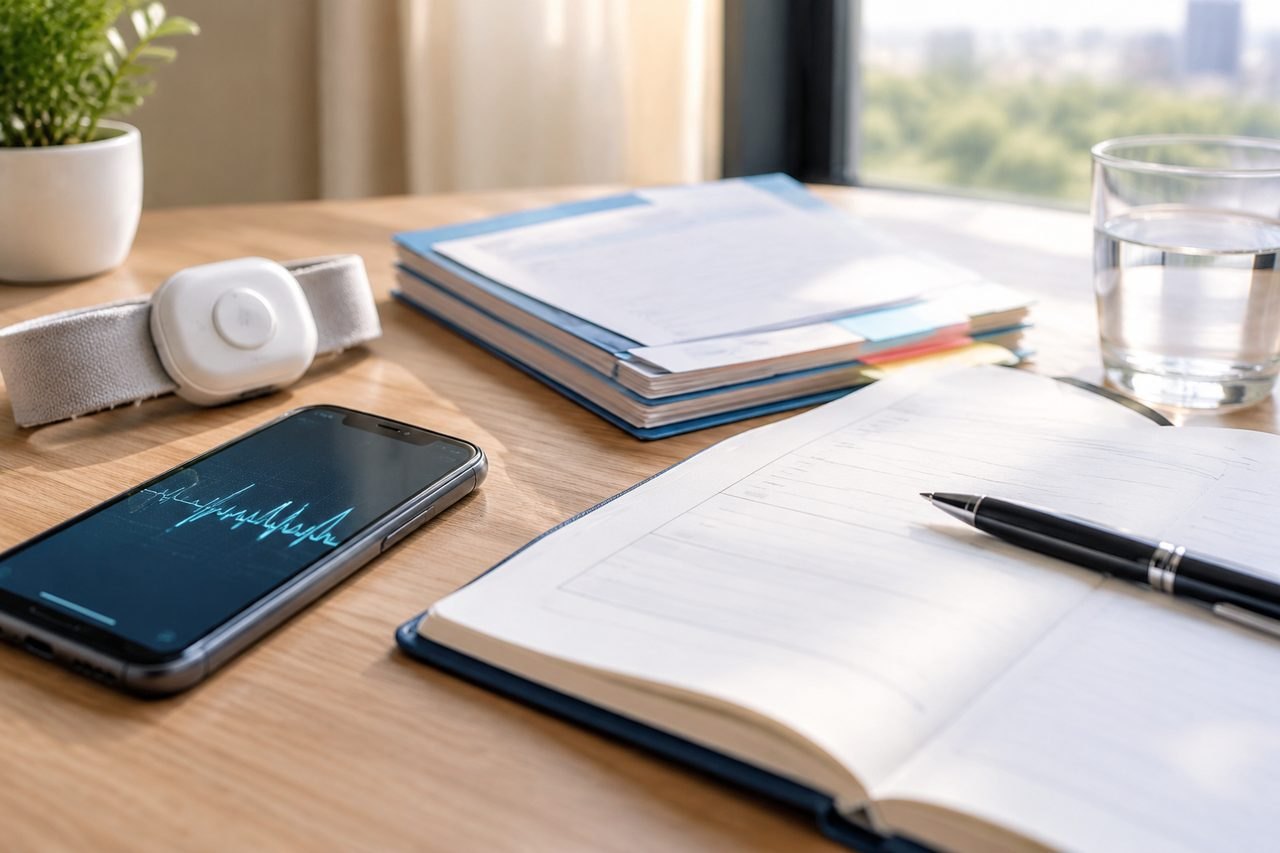 AI illustration: A workspace featuring a smartphone displaying an ECG, a health monitor, and documents.
