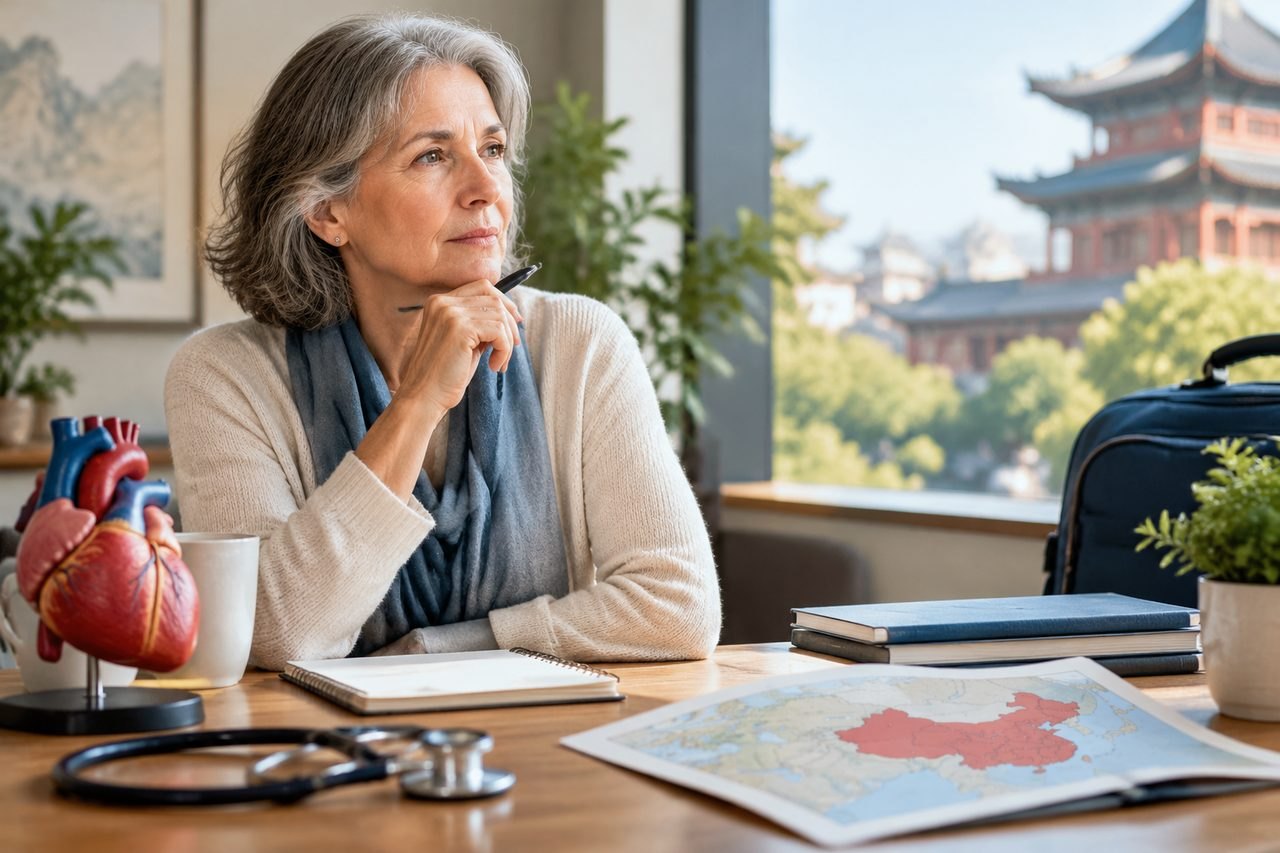 Illustrative image: A woman contemplates her travel plans while seated at a desk with a heart model and a map of China.
