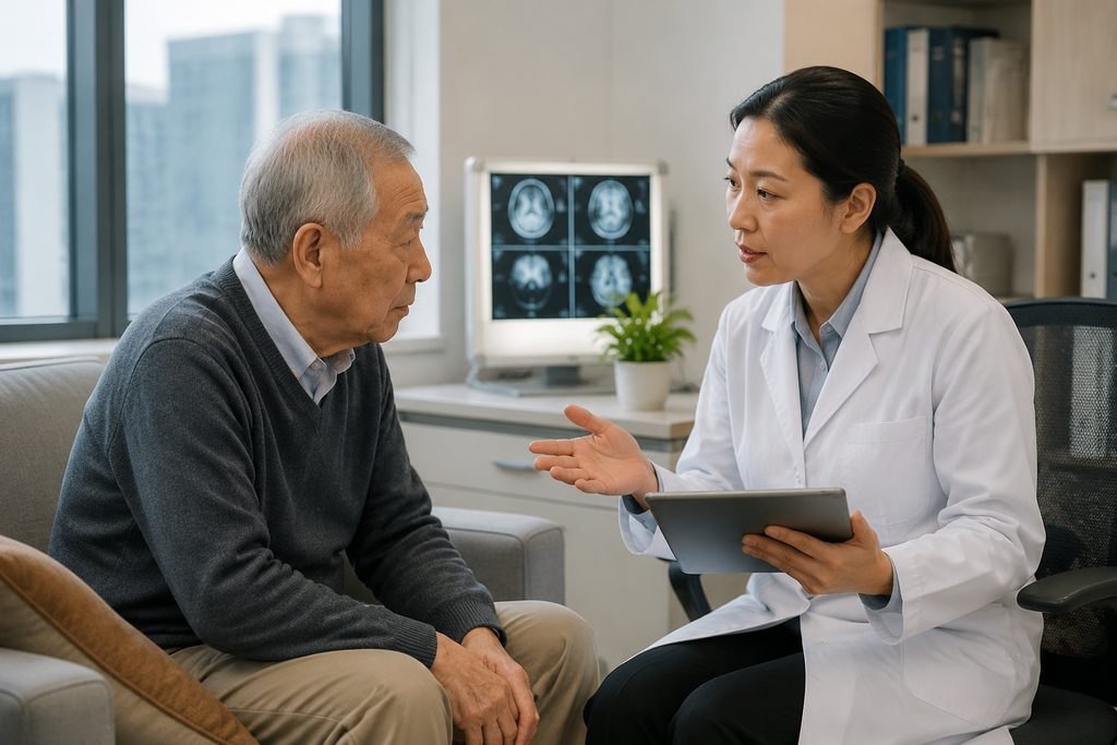 Illustrative image: A doctor discusses medical information with an elderly patient in a consultation room.