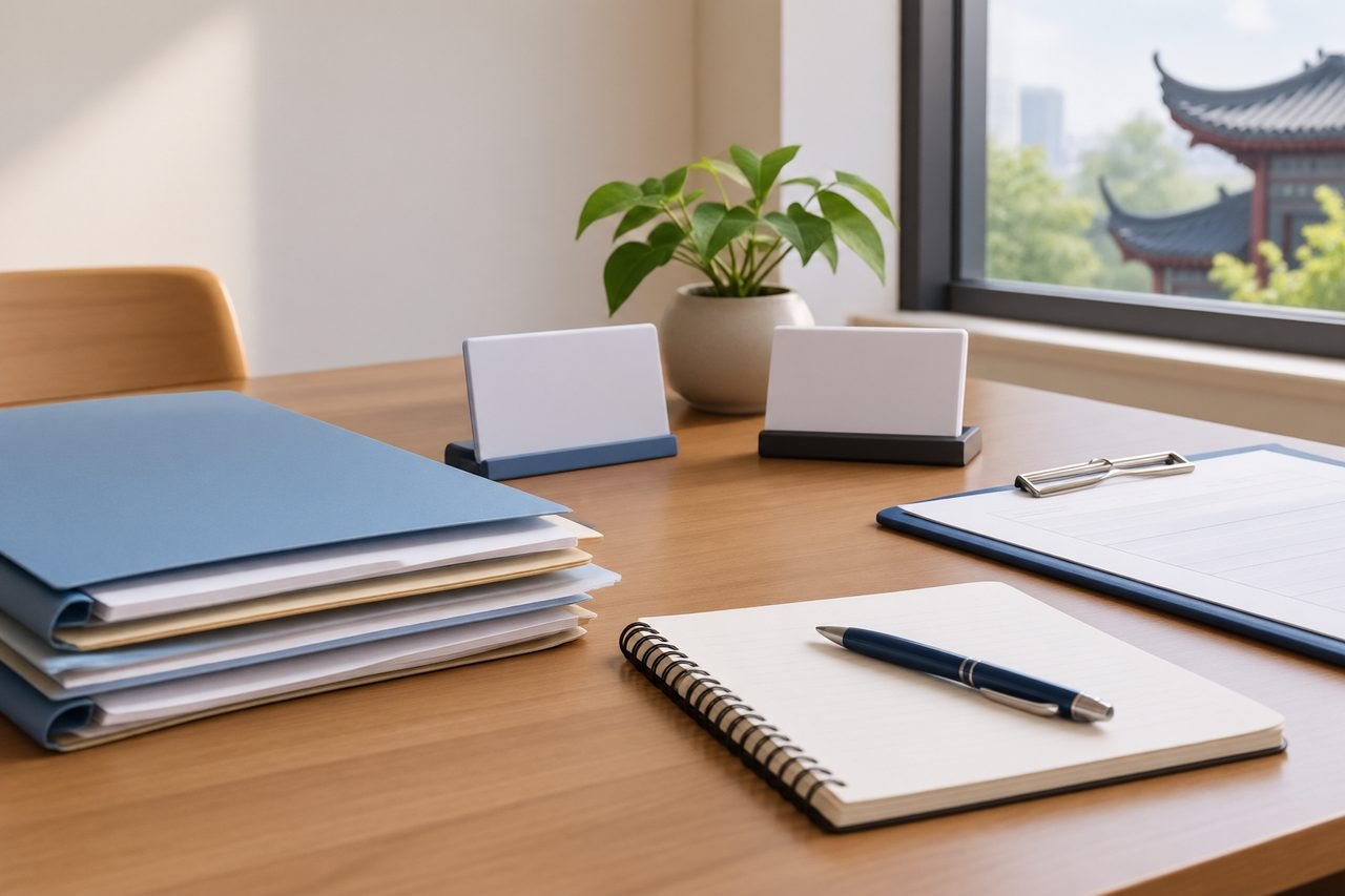 AI illustration: A modern office desk setup featuring folders, a notebook, and a plant by the window.