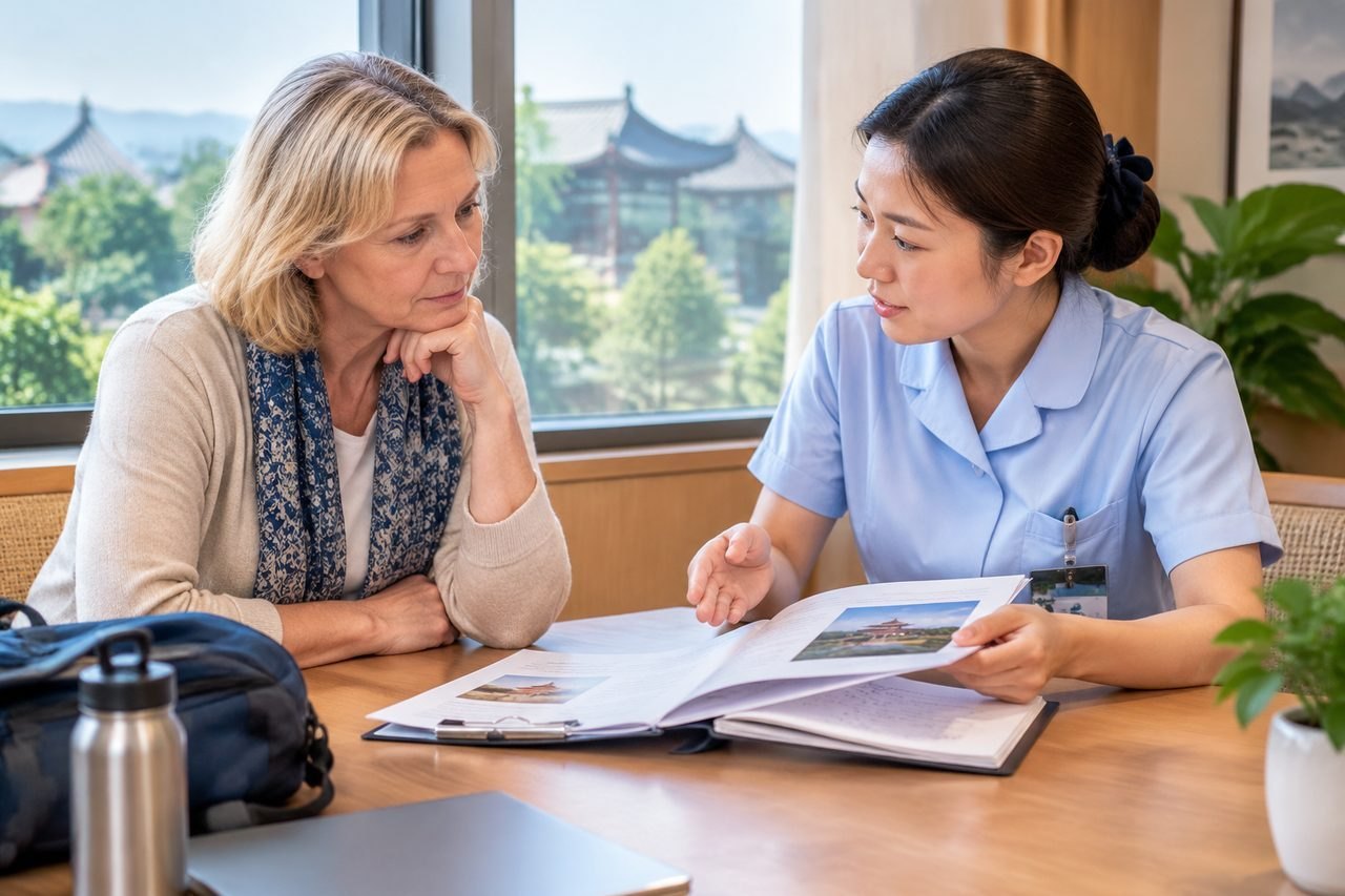 AI illustration: A healthcare professional discusses medical travel options with a patient in a consultation setting.