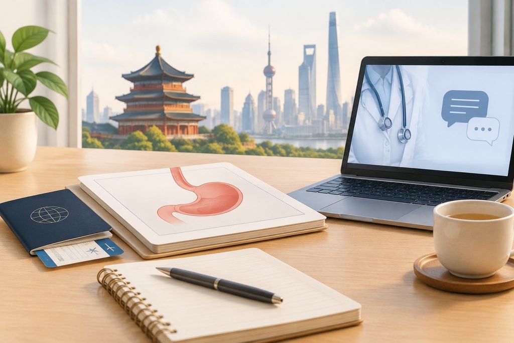 AI illustration: Stomach illustration and consultation icons beside a planning notebook