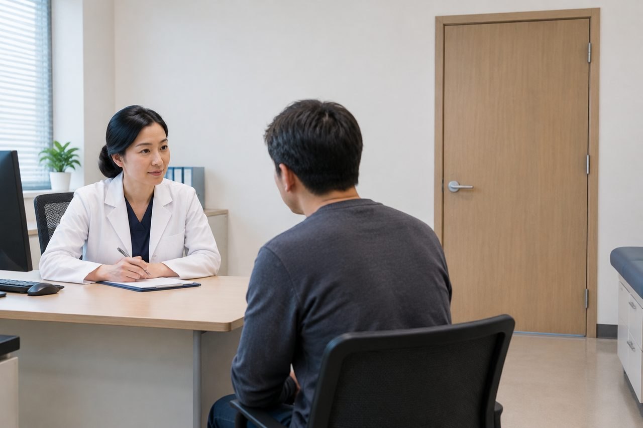 AI illustration: A doctor and patient engage in a consultation in a clinic room.