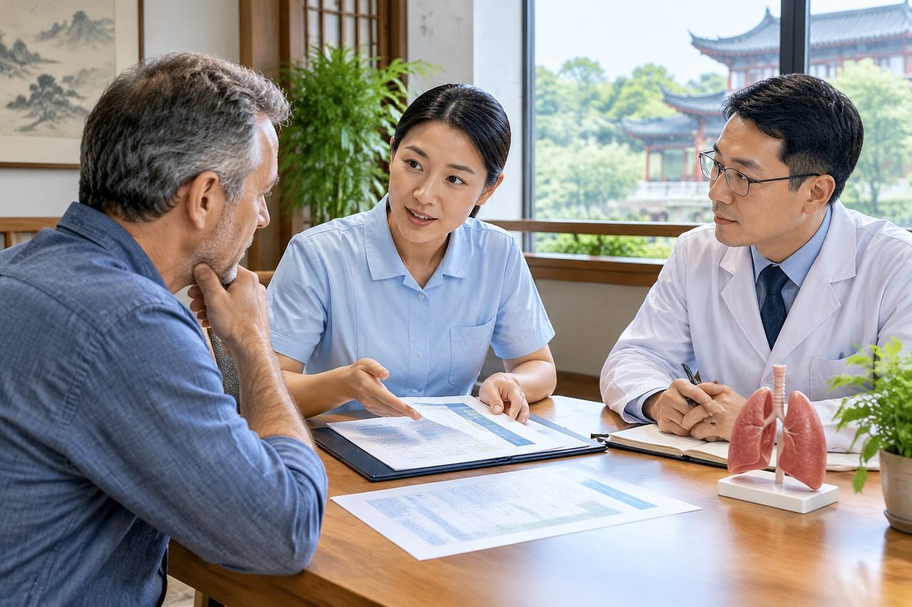 Illustrative image: A medical consultation taking place with a patient and two healthcare professionals discussing medical documents and an anatomical model.