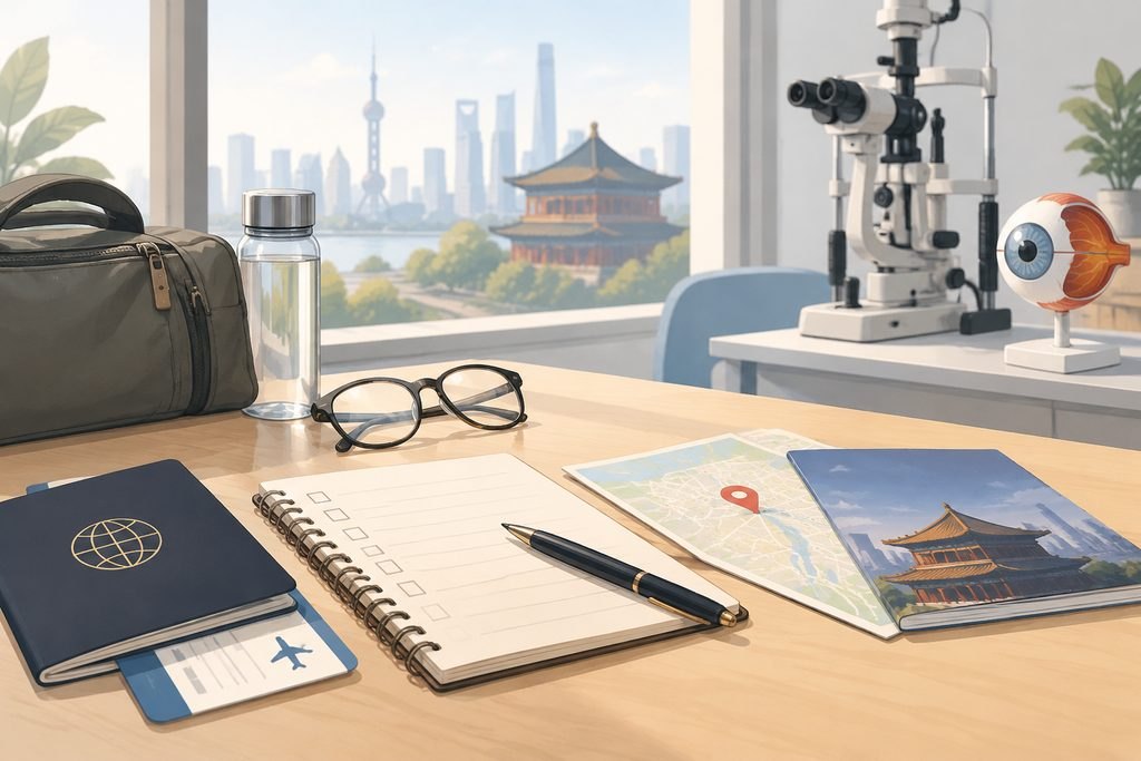 AI illustration: Eye-examination equipment illustration beside a travel-planning checklist