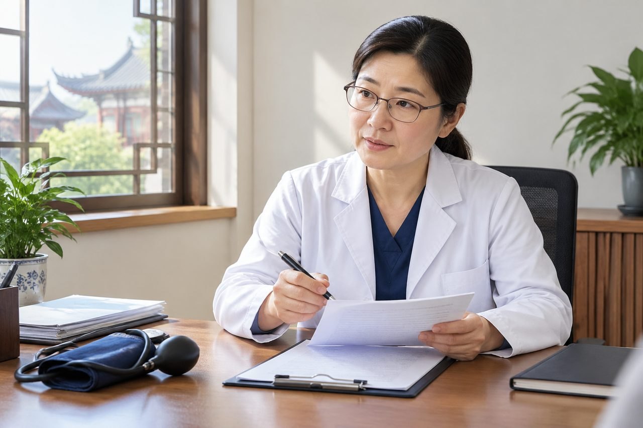 AI illustration: A doctor reviews documents in a consultation room with medical equipment nearby.