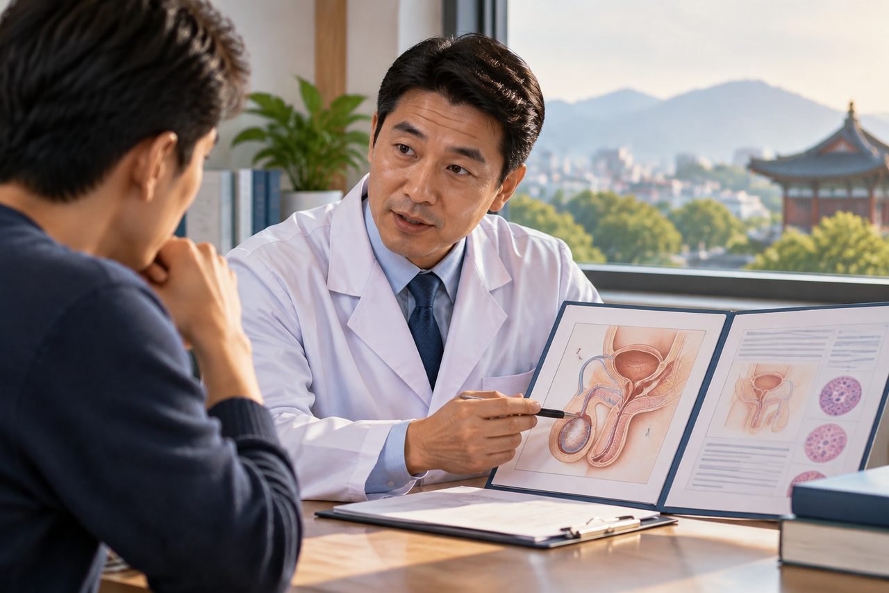 Illustrative image: A doctor discusses medical illustrations with a patient during a consultation.