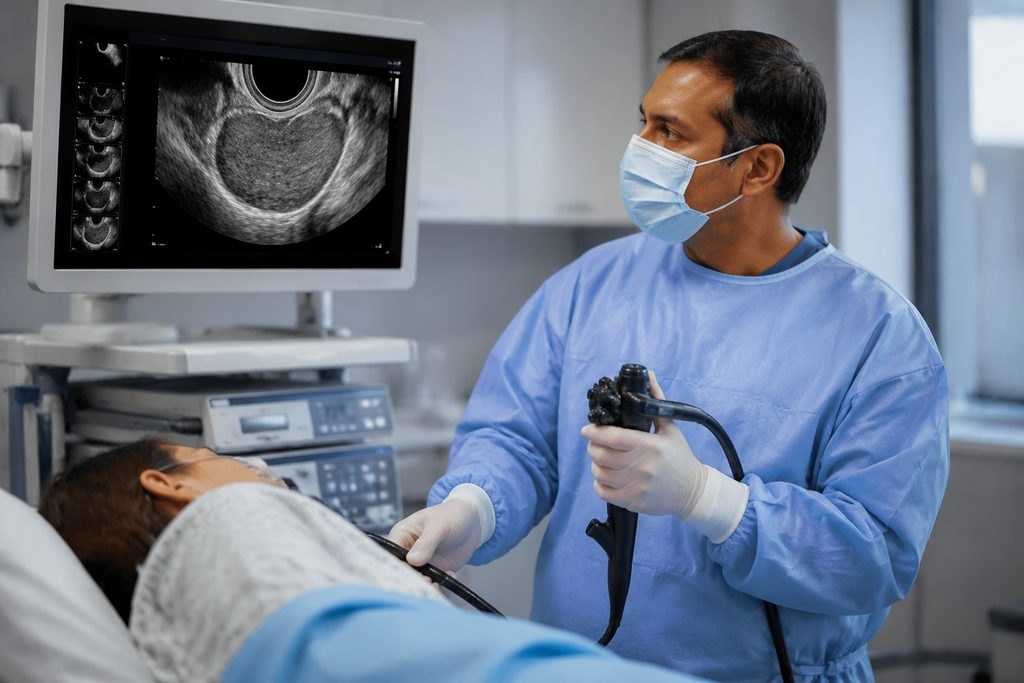 Illustrative image: A medical professional performs an ultrasound examination using an endoscope while discussing results with a patient.