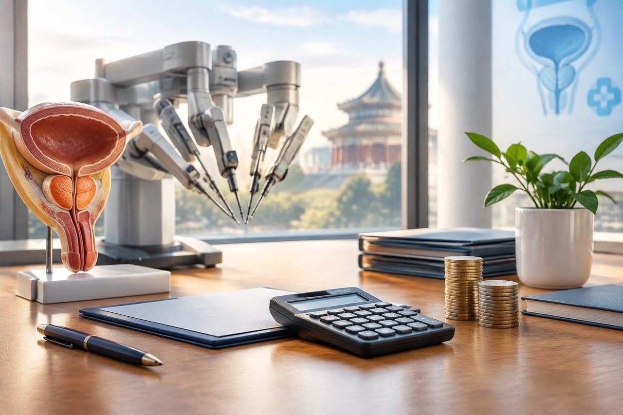 Illustrative image: A medical consultation setting featuring a prostate anatomical model and robotic surgical equipment with a city skyline in the background.