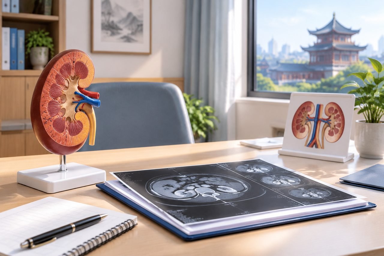 Illustrative image: A detailed anatomical model of a kidney is displayed alongside medical imaging and educational materials in a well-lit office setting.