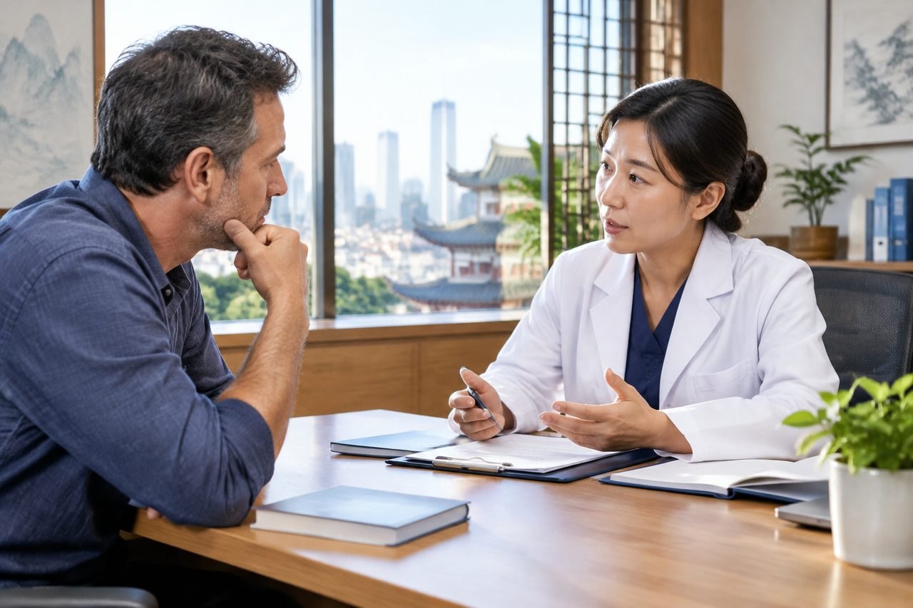 Illustrative image: A doctor discusses with a patient in a consultation room with a city skyline view.