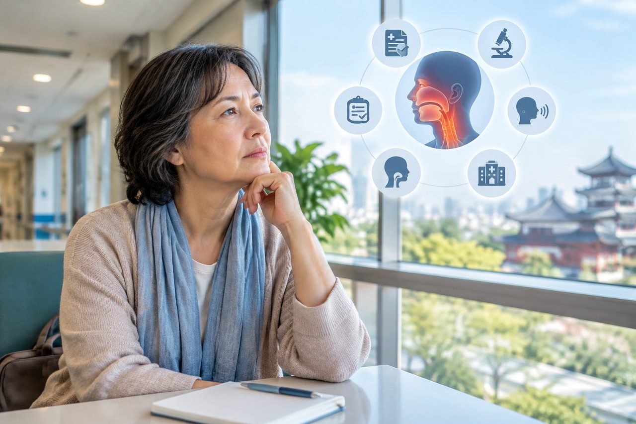 Illustrative image: A woman reflects while sitting in a hospital setting, with medical icons displayed around her.