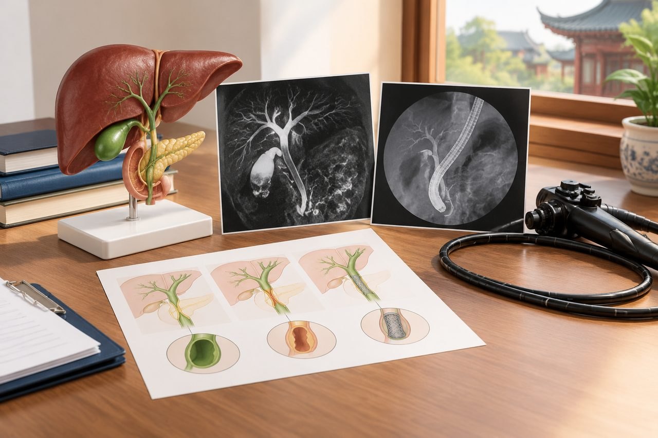 Illustrative image: A medical workspace featuring a liver model, anatomical illustrations, and endoscopic images.