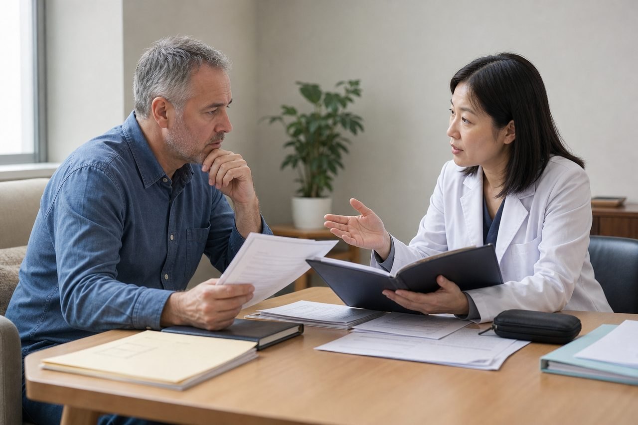 Illustrative image: A doctor discusses medical documents with a patient during a consultation.