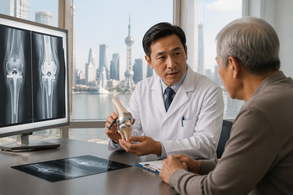 Illustrative image: A doctor discusses knee joint health with a patient, using a model and X-ray images for illustration.