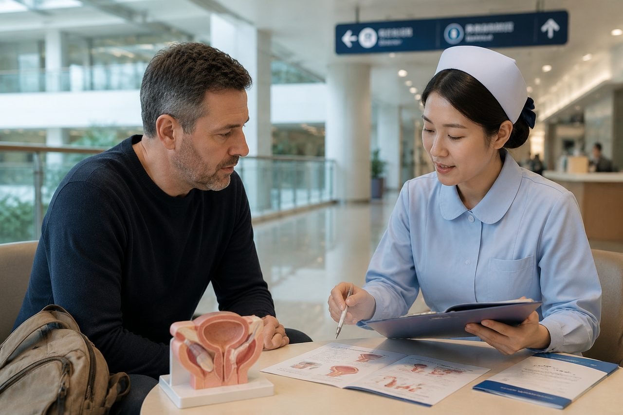 Illustrative image: A nurse discusses medical information with a patient in a healthcare setting.