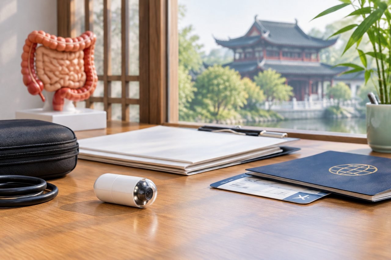 Illustrative image: A medical consultation setting featuring anatomical models and equipment on a desk with a scenic view.