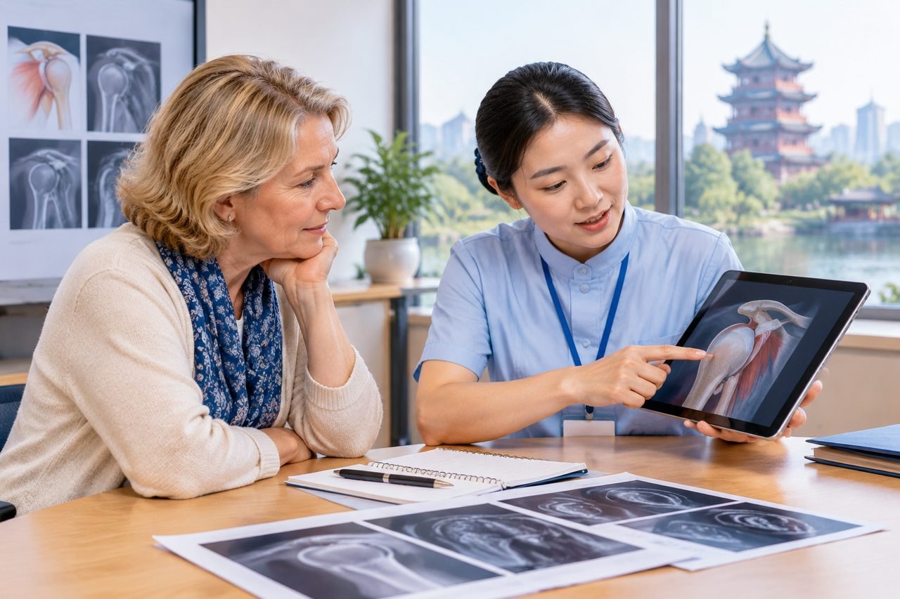 AI illustration: A healthcare professional discusses shoulder anatomy with a patient using a tablet and printed images.