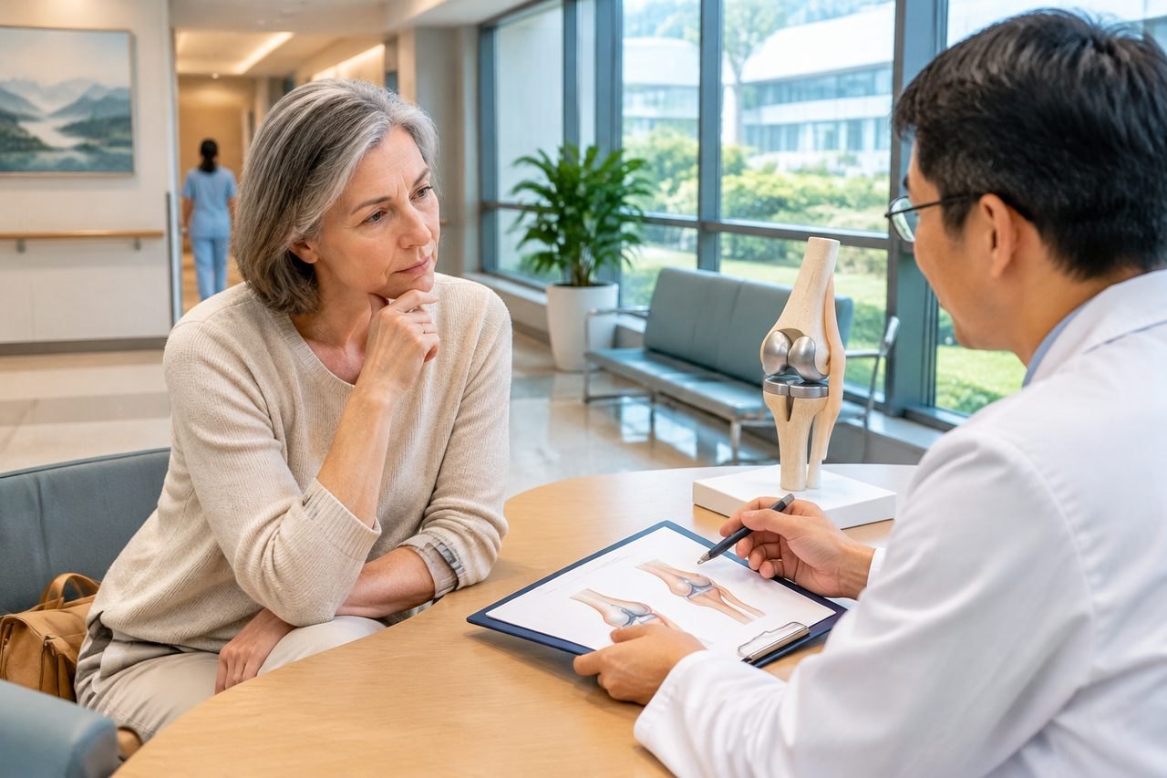 Illustrative image: A doctor discusses knee anatomy with a patient in a clinic setting.