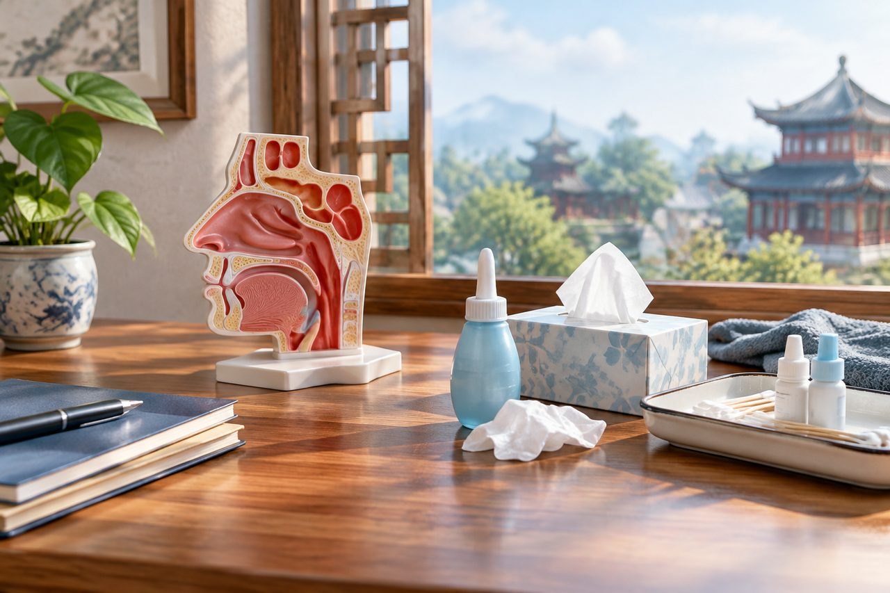Illustrative image: A medical model of the human nasal anatomy is displayed on a wooden table alongside various medical supplies and a scenic view outside.